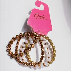 Candies Beaded 4pc Stackable Stretch Bracelet Set Metallic Gold Bronze Glam NEW